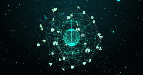 Interconnected icons glowing on futuristic digital network interface display