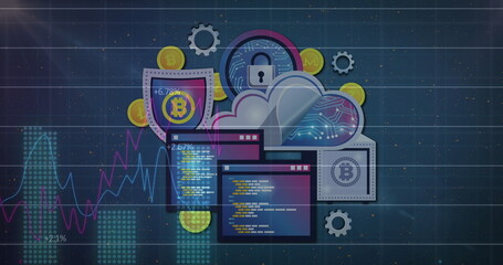 Digital cloud interface with cryptocurrency symbols and security icons on screen