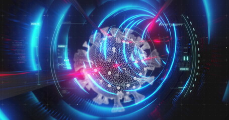 Displaying vibrant blue lights, futuristic digital interface showing global network connections