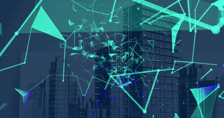 Digital interface with abstract geometric patterns overlaying futuristic cityscape