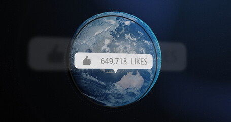 Image of digital interface thumbs up with growing numbers on white speech bubble over planet Earth
