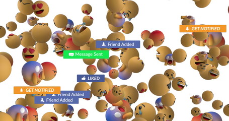 Image of falling social media icons and emojis over white background