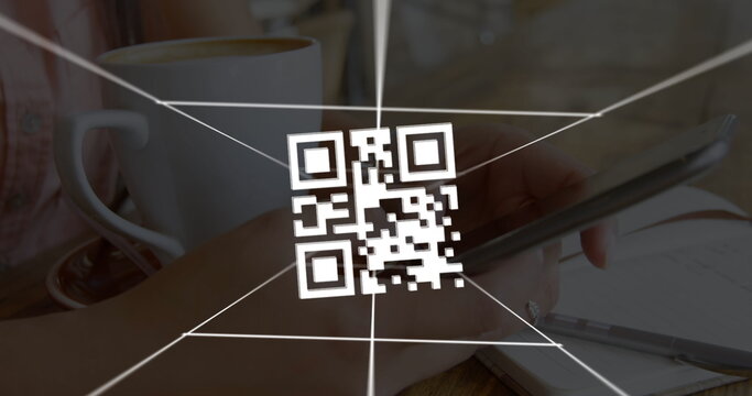 Image of QR code with network of connections over woman using smartphone in the background - Powered by Adobe