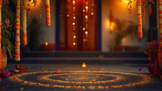 Warm-toned image of floral decorations at an entrance. Marigold garlands hang, petals scattered on the ground.