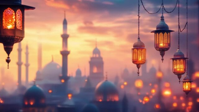 Golden hour over a city of mosques. Intricate lanterns glow, creating a warm, inviting atmosphere.