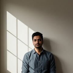 Obraz premium Portrait of a Man in Natural Light, Highlighting Calmness and Serenity in a Minimalistic Space
