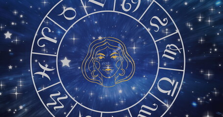 Image of virgo star sign symbol in spinning horoscope wheel over glowing stars © vectorfusionart