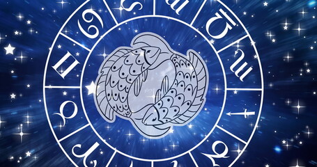Image of pisces star sign symbol in spinning horoscope wheel over glowing stars © vectorfusionart