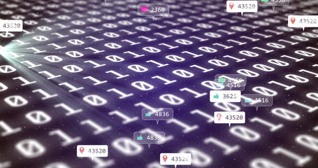 Image of social media icons on banners over binary coding