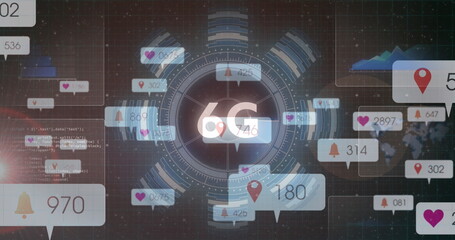 Image of 6g text, social media icons on banners over scope scanning and data processing