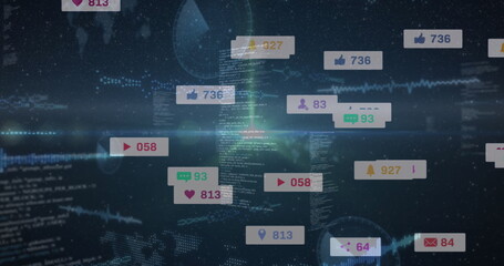 Image of social media icons on banners over data processing