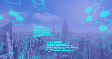 Image of scientific data processing over cityscape on blue background