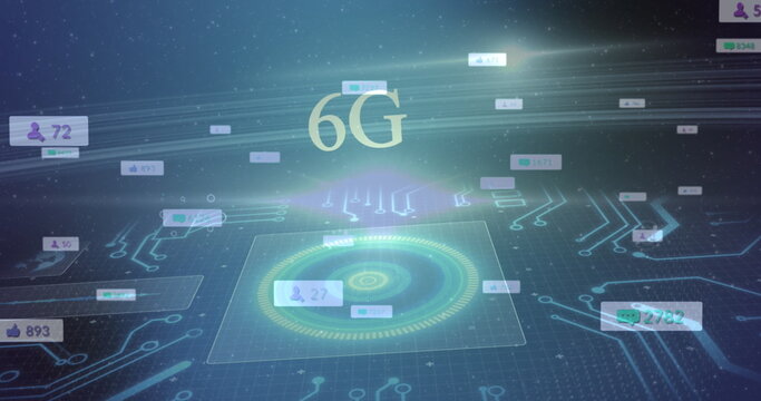 Image of 6g text, social media icons on banners over data processing and scope scanning