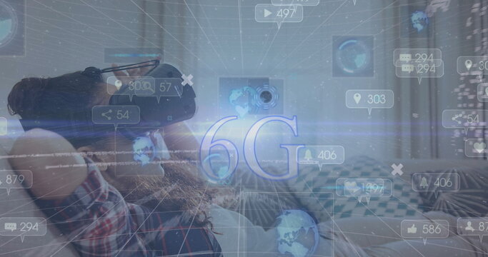 Image of 6g text, social media icons on banners over woman wearing vr headset
