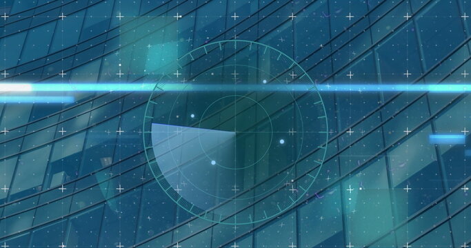 Image of scope scanning and lights with glitch over modern building background