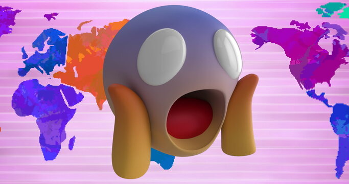 Image of shocked emoji over world map