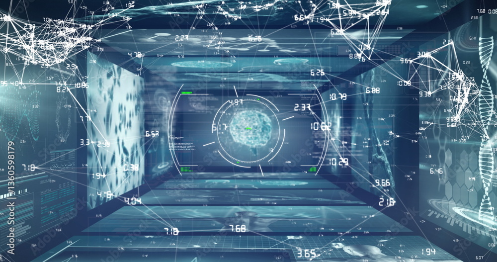 Poster image of scopes scanning with globe of connections and data processing on digital screen