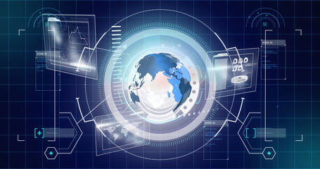 Image of scopes scanning, globe and data processing on digital screen