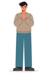 Young man in casual clothes pray with his hands folded in a gesture of apology. Apologize or say sorry, regret for what happen asking for forgiveness concept. Flat vector illustration isolated on