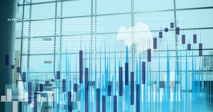 Image of scopes scanning and data processing over pedestrians and modern building