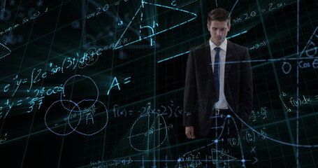 Image of data processing and mathematical equations over businessman using tablet