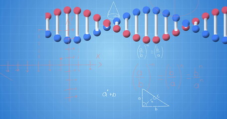 Image of dna strand spinning, data processing and mathematical equations