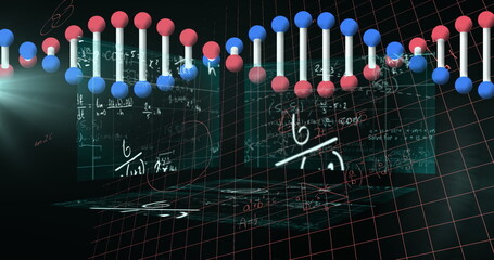 Image of dna strand spinning, data processing and mathematical equations over screens