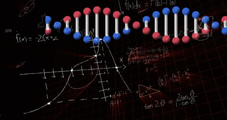 Image of dna strand spinning data processing and mathematical equations