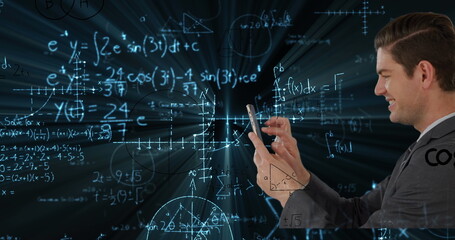 Image of data processing and mathematical equations over businessman using tablet