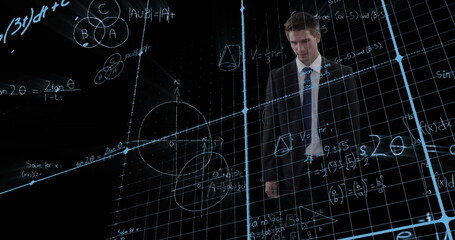 Mathematical equations against businessman touching invisible screen against black background
