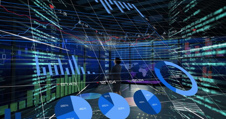 Image of financial data processing and growing numbers over caucasian businesswoman