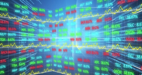 Digital image of stock market data processing against data processing on blue background
