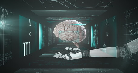 Image of digital brain and robotic hand over mathematical equations on black background