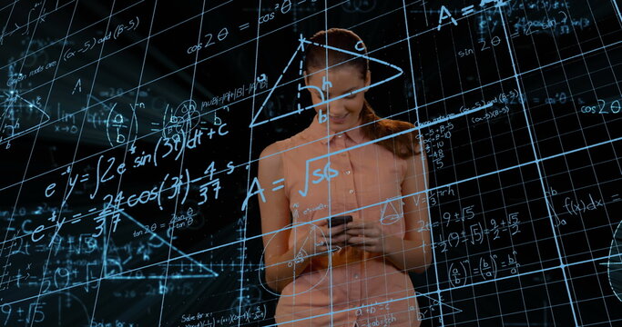 Image of caucasian businesswoman over mathematical equations on black background