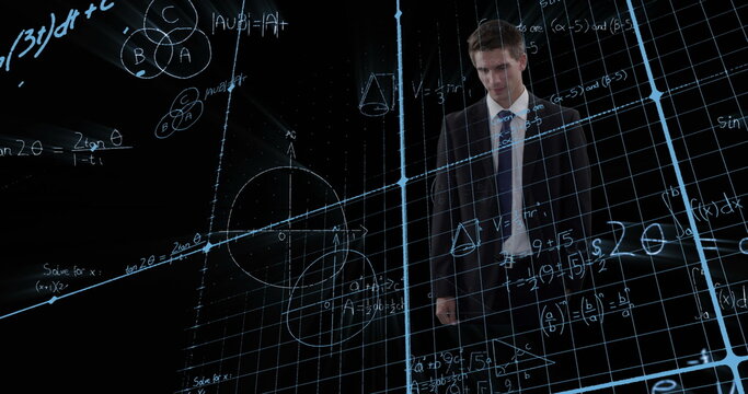 Mathematical equations against businessman touching invisible screen against black background
