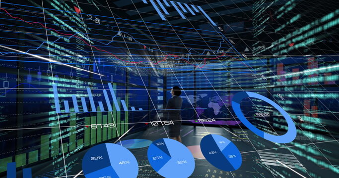 Image of financial data processing and growing numbers over caucasian businesswoman