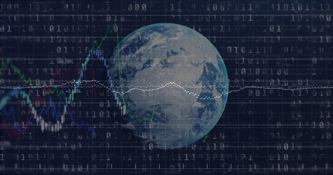 Digital image of financial data processing against globe and binary coding on black background