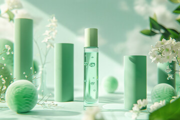 Skin care product mockups in soothing green tones surrounded by delicate flowers.