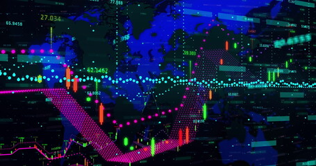 Image of financial data processing over world map
