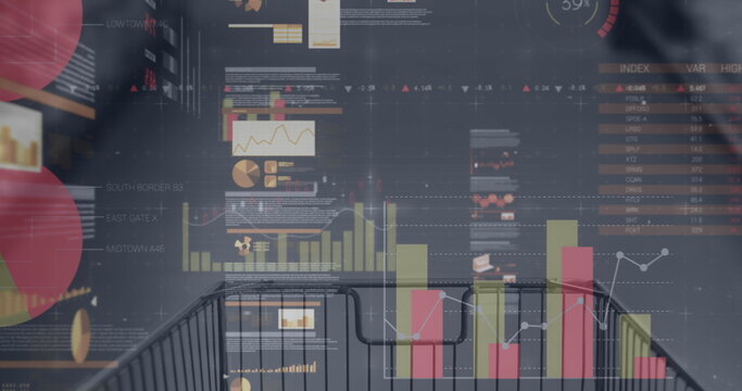 Image of statistics, financial data processing with shopping trolley - Powered by Adobe