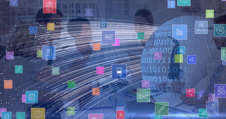 Network of digital icons over binary coding over globe against businesspeople having a meeting