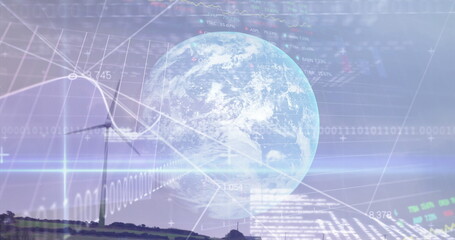 Image of data processing binary coding over globe and wind turbine