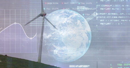 Stock market data processing over globe against windmills on grasslands