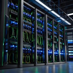 Realistic AI-generated illustration of a close-up server rack in a modern data center, illuminated by blue and neon lights, showcasing cables, cooling vents, and blinking LEDs. No people present.