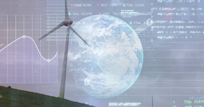 Stock market data processing over globe against windmills on grasslands