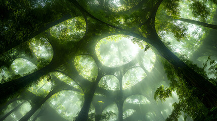 The lush, green canopy of a tropical forest stretches high above, filtering the sunlight and casting a soft, dappled light onto the forest floor below