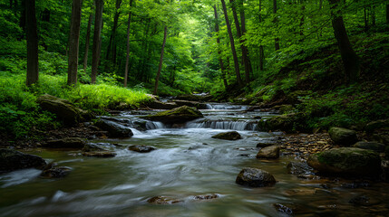 Obraz premium The quiet flow of a stream through a dense forest creates a soothing atmosphere, as the gentle sound of water flowing over rocks fills the air with serenity