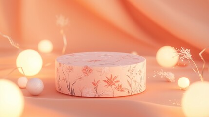 A delicate, porcelain podium with a floral pattern, surrounded by softly glowing orbs of light in a warm, peach-colored setting.