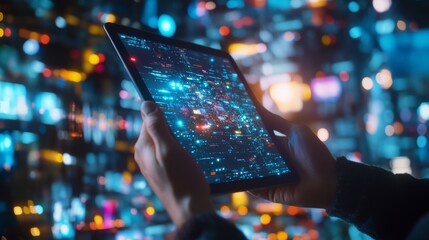 Obraz premium A close-up view shows a hand grasping a tablet with a screen displaying OTT audience engagement data, live ad placements, and insights into programmatic buying and OTT ad engagement