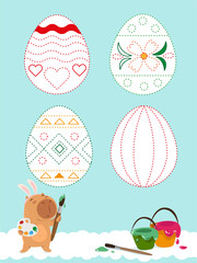 Easter writing practice with cute capybara. Easter eggs drawing. Education developing worksheet. Activity page.